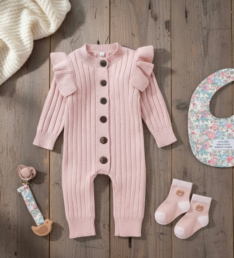 Chargez l'image dans la visionneuse de la galerie, Barboteuse bébé fille en tricot doux – Kaki Lilas
