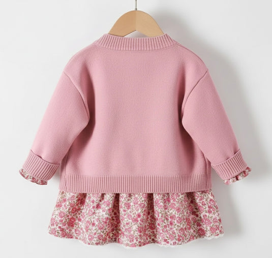 Ensemble deux pièces robe florale bébé fille avec cardigan doux– Kaki lilas