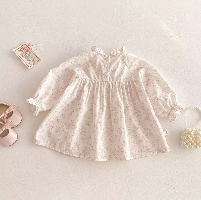 Chargez l&#39;image dans la visionneuse de la galerie, Robe bébé fille haut de gamme fleurie rose à manches longues – Modèle Kali en coton doux
