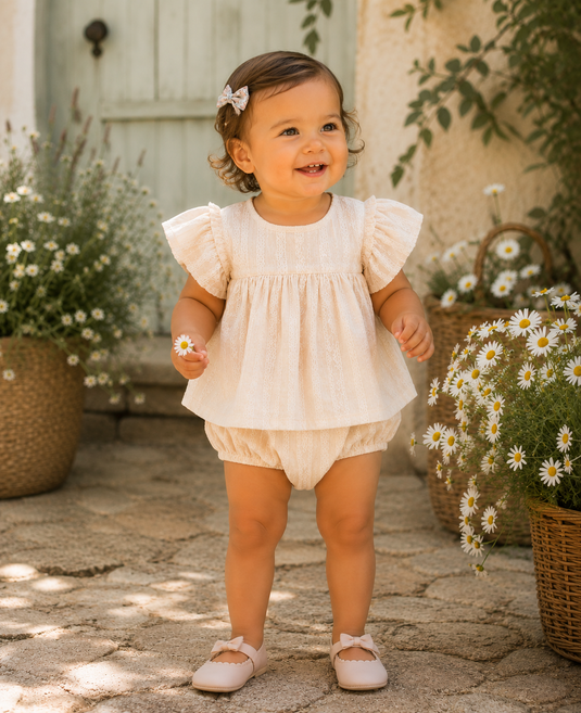 Ensemble bébé fille blouse brodée et bloomer en coton avec accessoires assortis