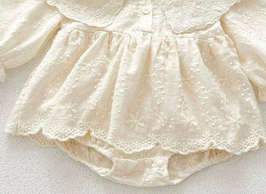 Barboteuse bébé à manches longues en coton – Col en dentelle brodé Kali
