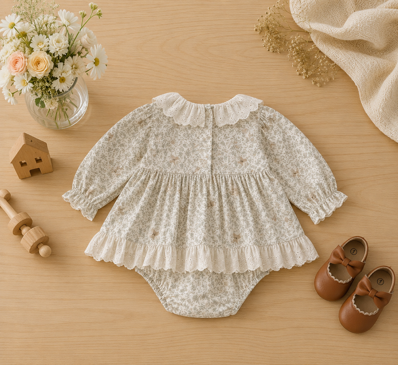 Load image into Gallery viewer, Robe-romper bébé fille à col Claudine avec broderie anglaise – Automne-Hiver
