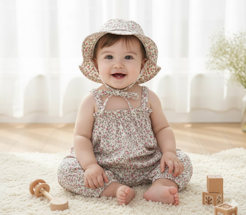 Chargez l'image dans la visionneuse de la galerie, Barboteuse pour bébé à fleurs avec chapeau Vichy
