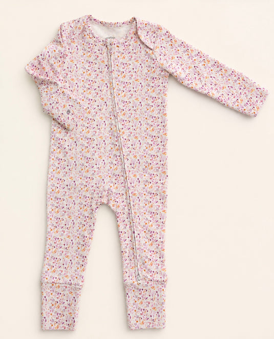 Organic cotton baby romper with lavender leaf pattern – Khaki Lilac