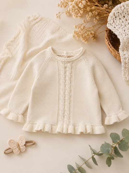 Girls' knitted ivory cable-knit sweater – Fall-Winter