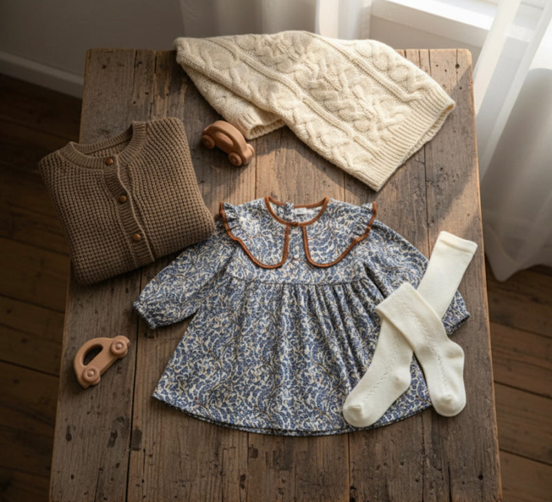 Load image into Gallery viewer, Girls' soft dark blue cotton dress with brown collar – Kali

