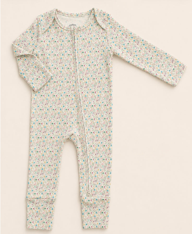 Load image into Gallery viewer, Organic cotton romper with small flowers, khaki and lilac
