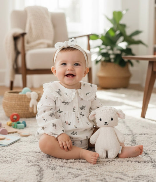 Floral cotton baby romper + headband – Kali