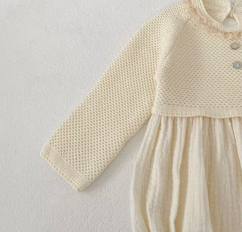 Load image into Gallery viewer, Baby girl ivory cotton and knit romper – Autumn-Winter
