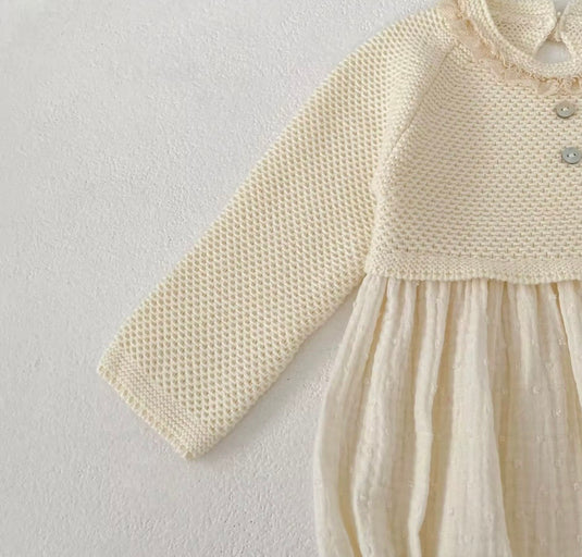 Baby girl ivory cotton and knit romper – Autumn-Winter
