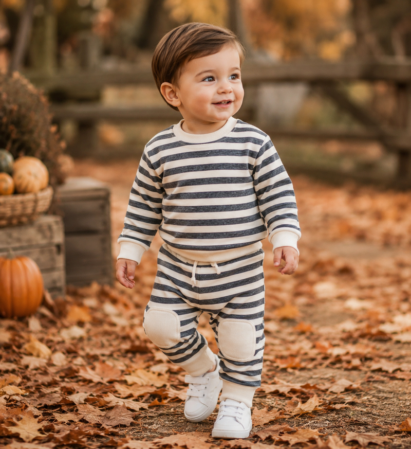 Load image into Gallery viewer, Ensemble bébé garçon rayé en coton doux – Automne-Hiver
