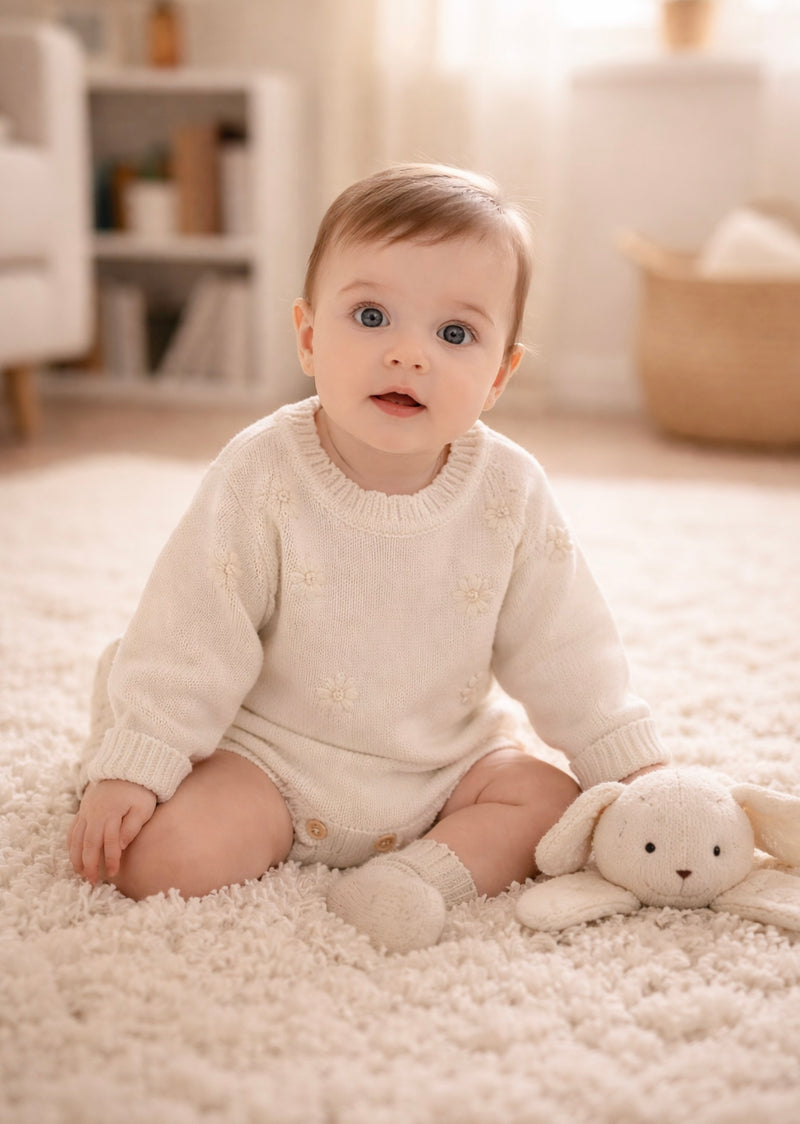 Chargez l'image dans la visionneuse de la galerie, Combinaison bébé en tricot doux à motifs fleuris – Kali
