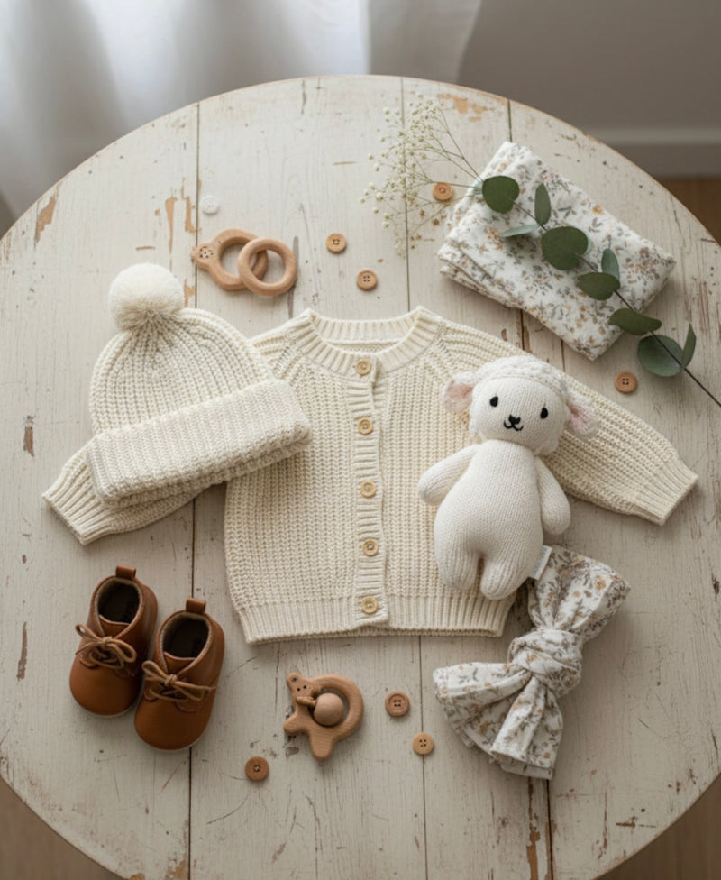 Chargez l&#39;image dans la visionneuse de la galerie, Bonnet bébé en tricot ivoire avec pompon en coton doux – Kali
