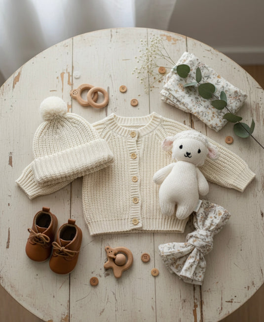 Bonnet bébé en tricot ivoire avec pompon en coton doux – Kali