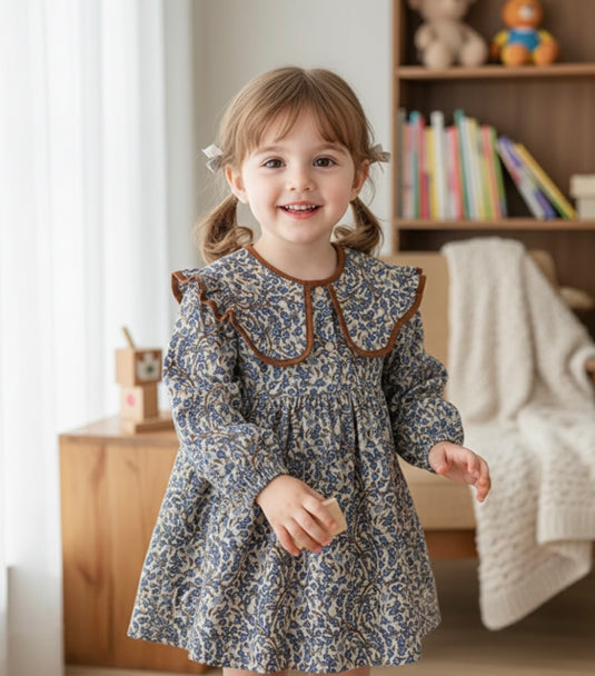 Robe coton doux bleu foncé col brun – Kali