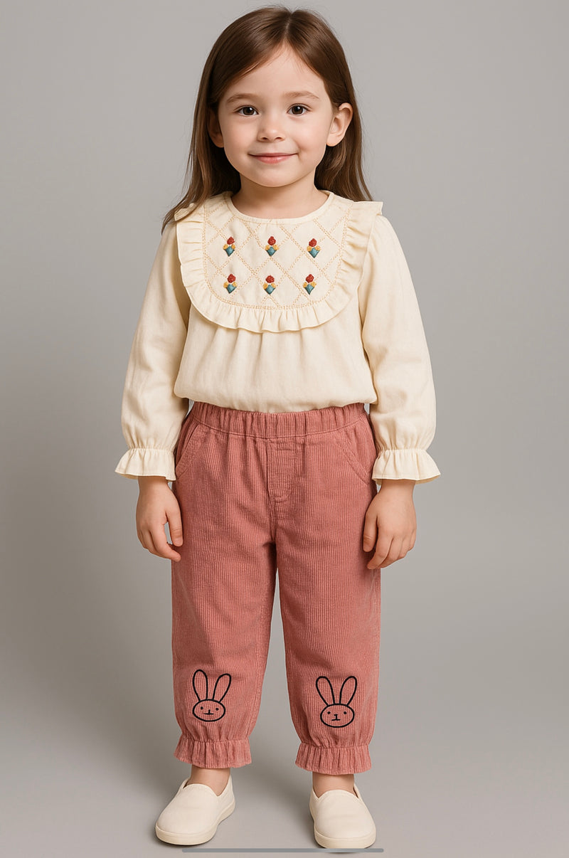 Chargez l&#39;image dans la visionneuse de la galerie, Pantalon pour filles en velours côtelé motif lapin – Kali - Boutique Kaki Lilas
