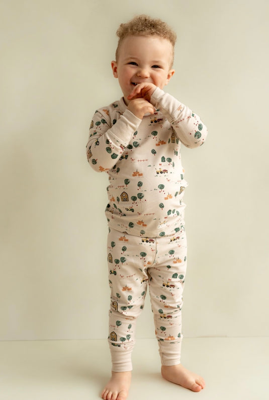 Pyjama modal deux pièces imprimé motifs de ferme beige