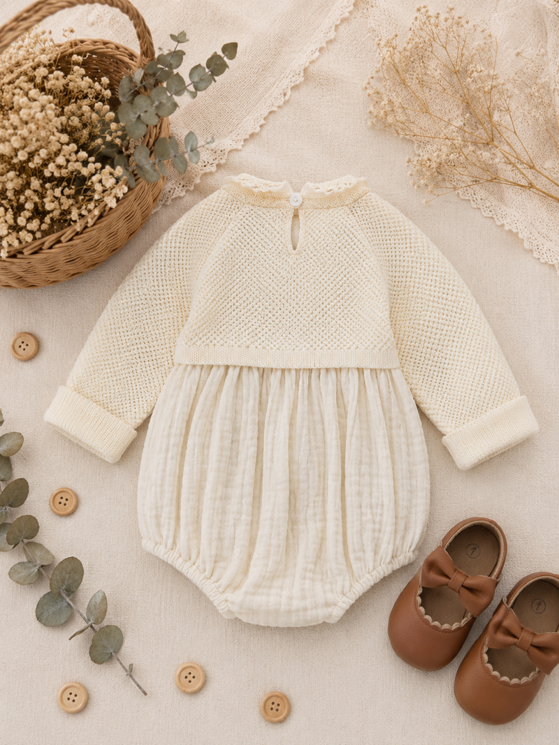 Load image into Gallery viewer, Baby girl ivory cotton and knit romper – Autumn-Winter
