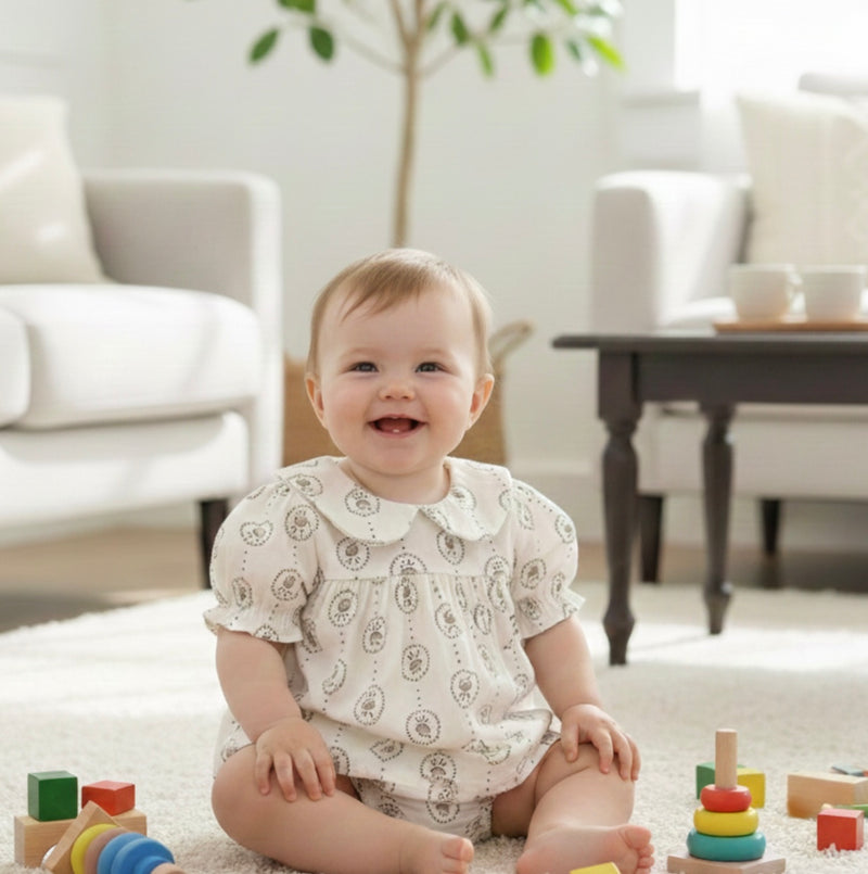 Load image into Gallery viewer, Summer baby romper with round floral patterns
