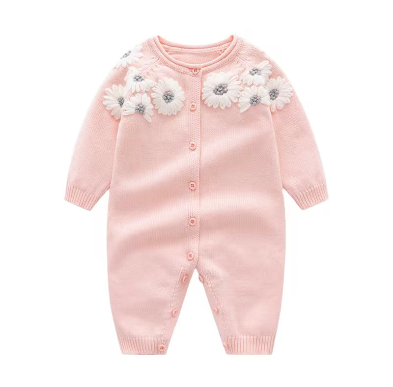 Chargez l'image dans la visionneuse de la galerie, Barboteuse bébé fille en tricot rose de coton brodé motif floral – Kali
