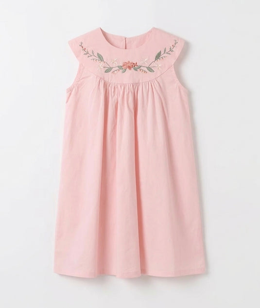 Robe fille rose brodée à col rond Vichy