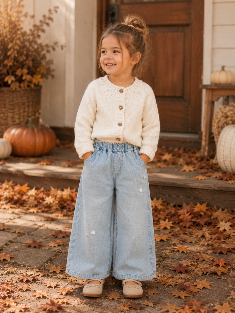 Load image into Gallery viewer, Jean en denim coupe large pour fille avec broderies - Pré-commande

