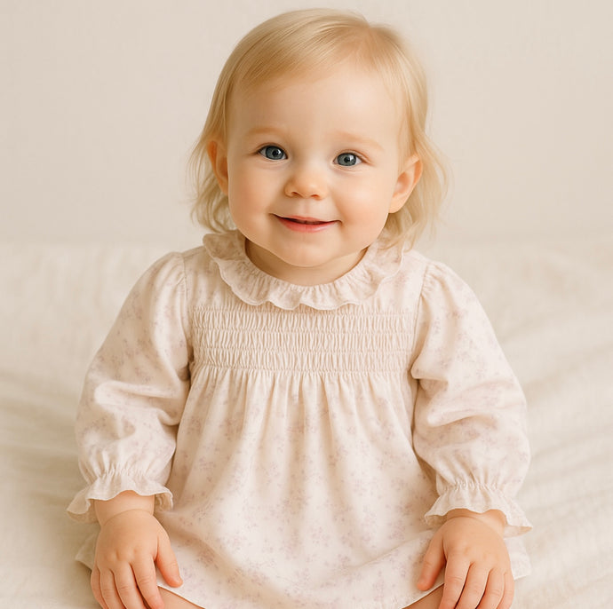 Robe bébé fille haut de gamme fleurie rose à manches longues – Modèle Kali en coton doux