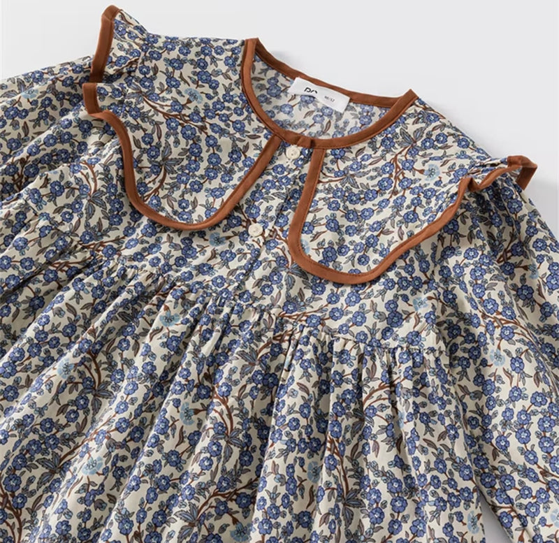 Load image into Gallery viewer, Girls' soft dark blue cotton dress with brown collar – Kali
