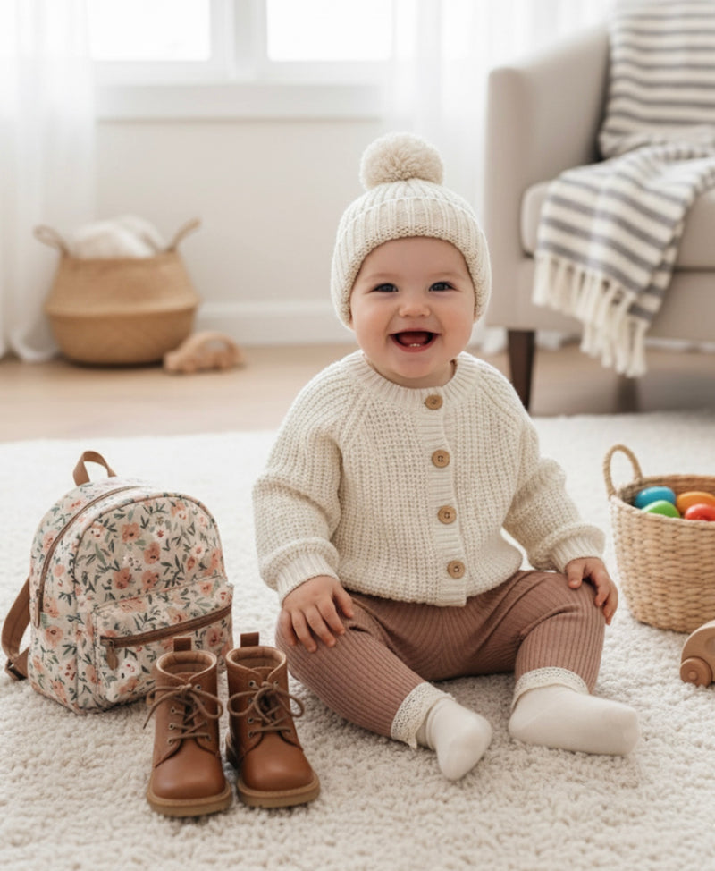 Chargez l&#39;image dans la visionneuse de la galerie, Bonnet bébé en tricot ivoire avec pompon en coton doux – Kali
