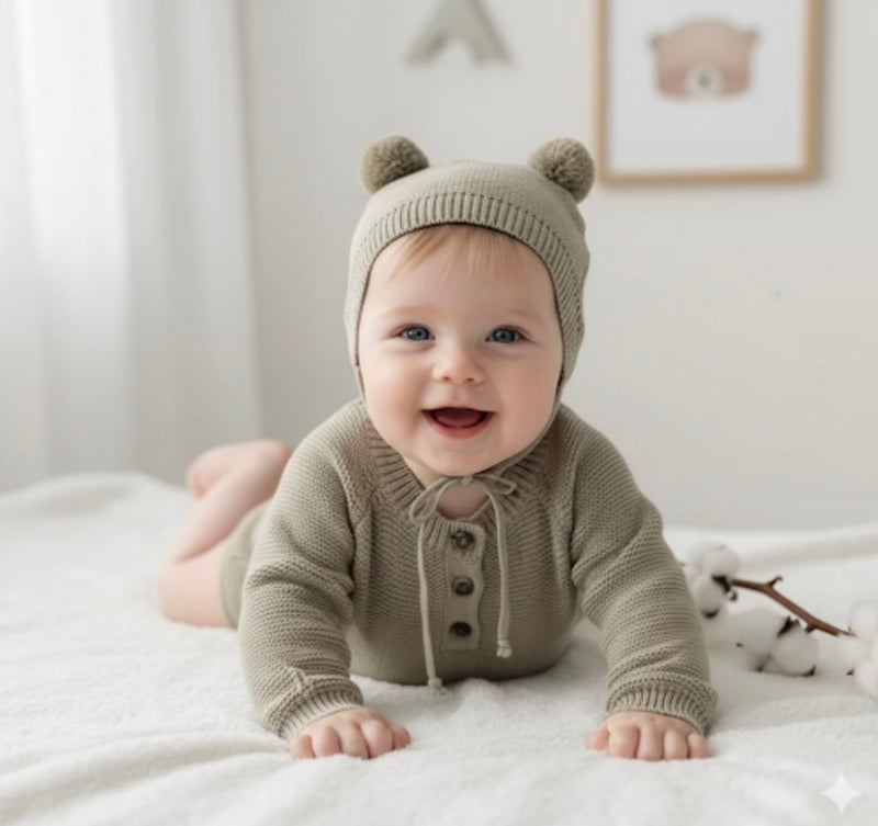 Chargez l'image dans la visionneuse de la galerie, Combinaison bébé tricot coton doux + bonnet – Kali
