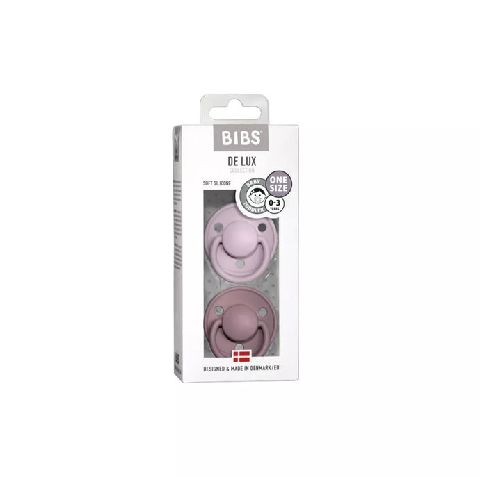 Paquet contenant deux suces Bibs en silicone couleur Heather et Dusky lilas