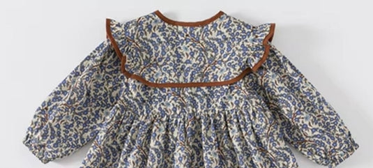 Girls' soft dark blue cotton dress with brown collar – Kali
