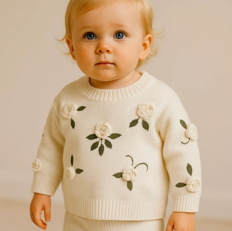 Load image into Gallery viewer, Pull bébé fille en coton avec fleurs brodées à la main – Modèle Kali - Boutique Kaki Lilas
