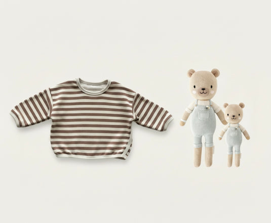 Chandail garçon coton épais rayé confortable– Kaki Lilas