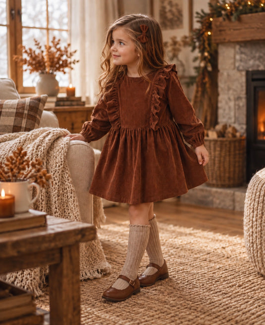 Corduroy Ruffle Dress for Girls - Autumn-Winter