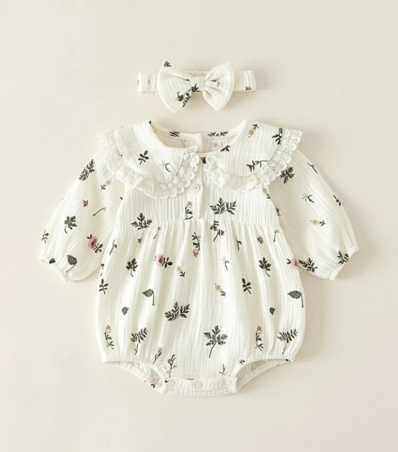 Load image into Gallery viewer, Floral cotton baby romper + headband – Kali
