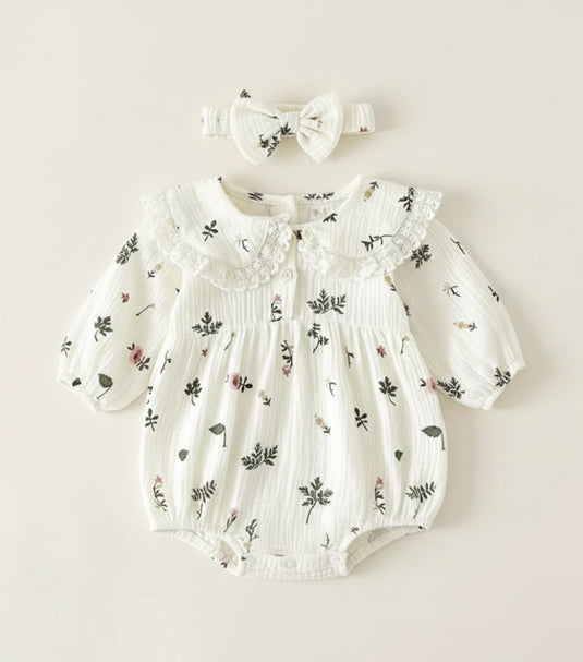 Floral cotton baby romper + headband – Kali