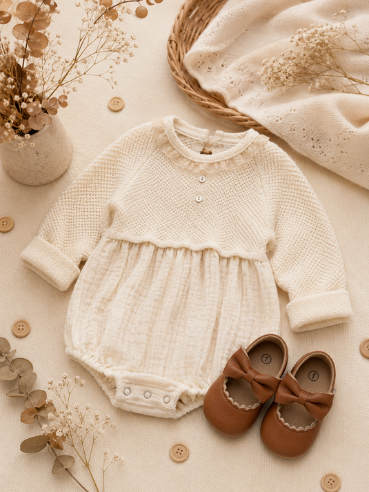 Baby girl ivory cotton and knit romper – Autumn-Winter