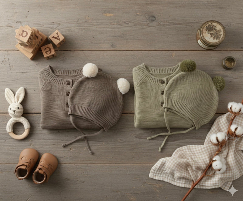 Chargez l'image dans la visionneuse de la galerie, Combinaison bébé tricot coton doux + bonnet – Kali
