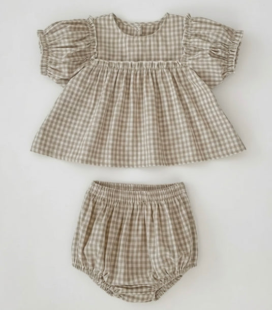 Barboteuse bébé fille à carreaux avec broderie florale – Camille