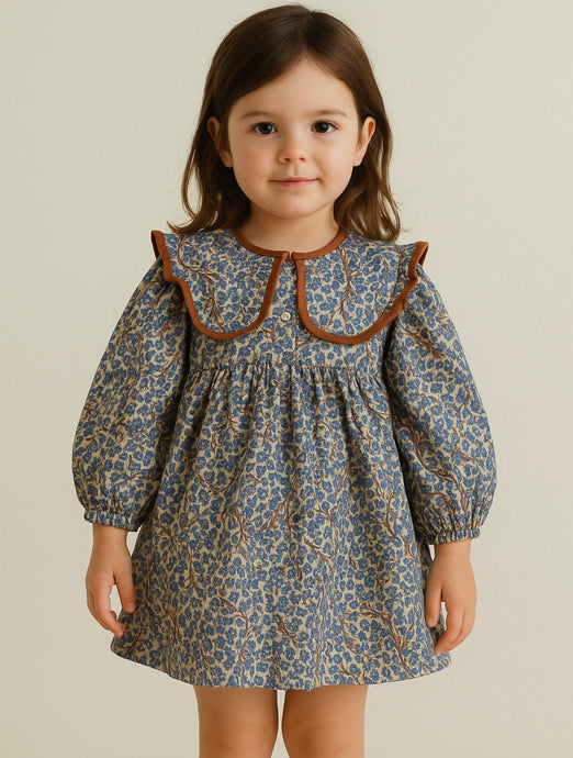Robe fille bleu foncé avec col brun – Modèle Kali en coton doux