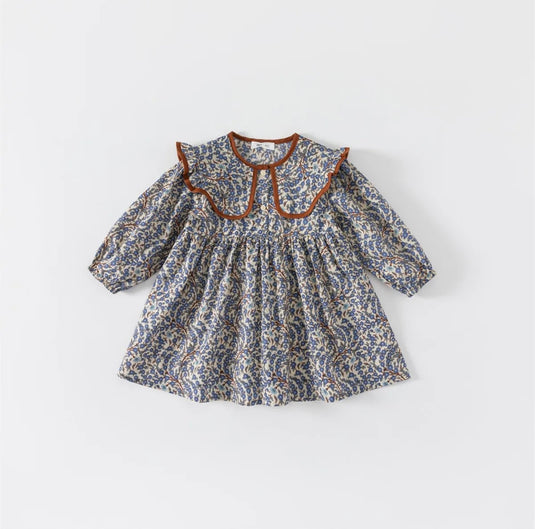 Robe fille bleu foncé avec col brun – Modèle Kali en coton doux