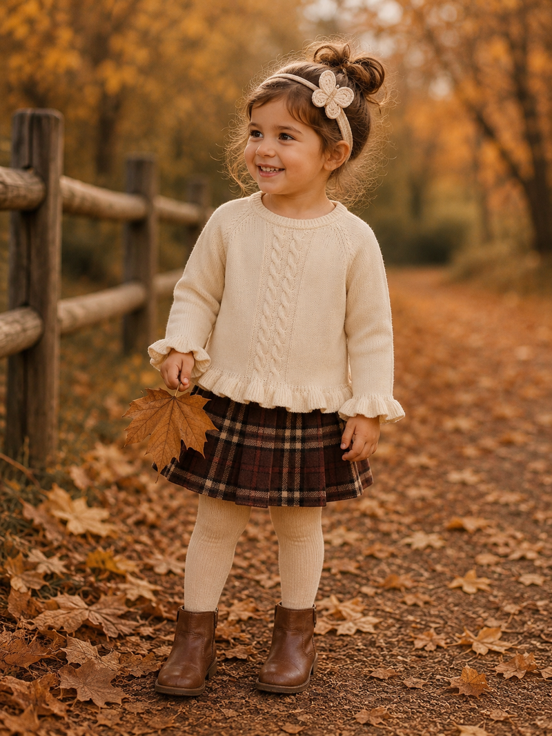 Load image into Gallery viewer, Chandail fille en tricot ivoire avec torsades – Automne-Hiver
