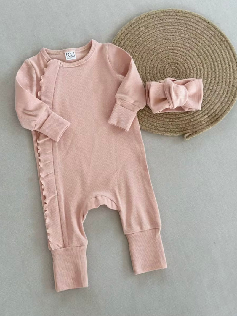 Chargez l&#39;image dans la visionneuse de la galerie, Combinaison bébé fille manches longues en coton doux avec bandeau – Kali
