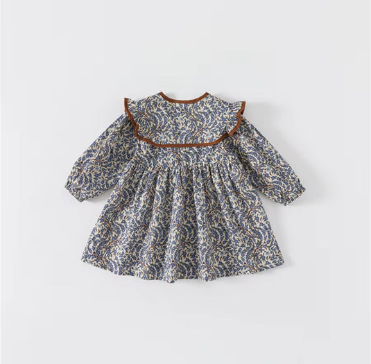 Girls' soft dark blue cotton dress with brown collar – Kali