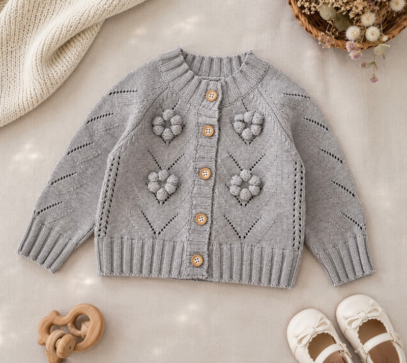 Load image into Gallery viewer, Cardigan Marguerite en tricot gris automne-hiver pour filles - Pré-commande

