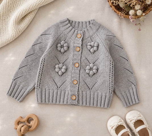 Cardigan Marguerite en tricot gris automne-hiver pour filles - Pré-commande