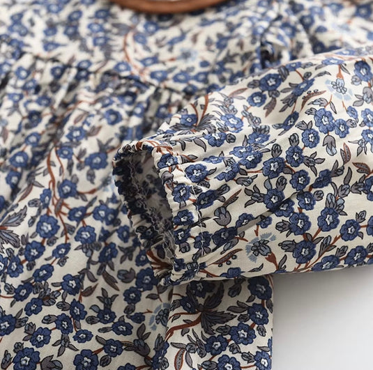 Dark blue girl's dress with brown collar - Kali model in soft cotton