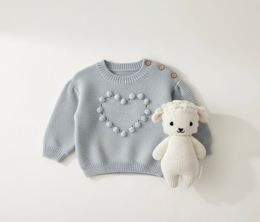 ✨ Pull bébé fille en coton doux avec cœur brodé – Kaki Lilas