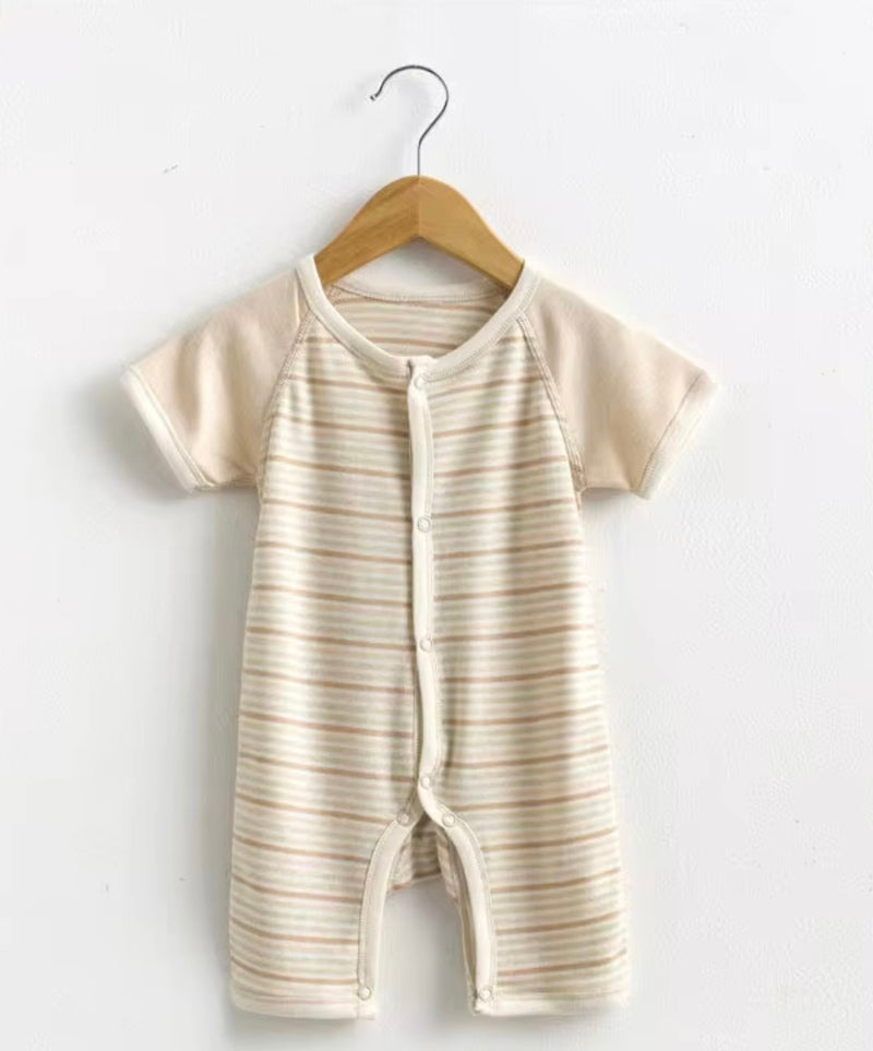 Chargez l&#39;image dans la visionneuse de la galerie, Barboteuse bébé coton rayée ivoire manches courtes – Kali
